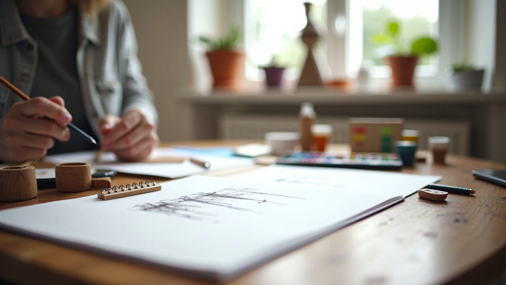 Artist workspace with various drawing and painting supplies organized on a wooden desk
