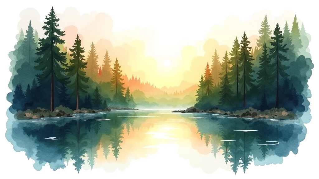 Finished watercolor landscape painting of a Latvian forest with river reflecting sunset colors