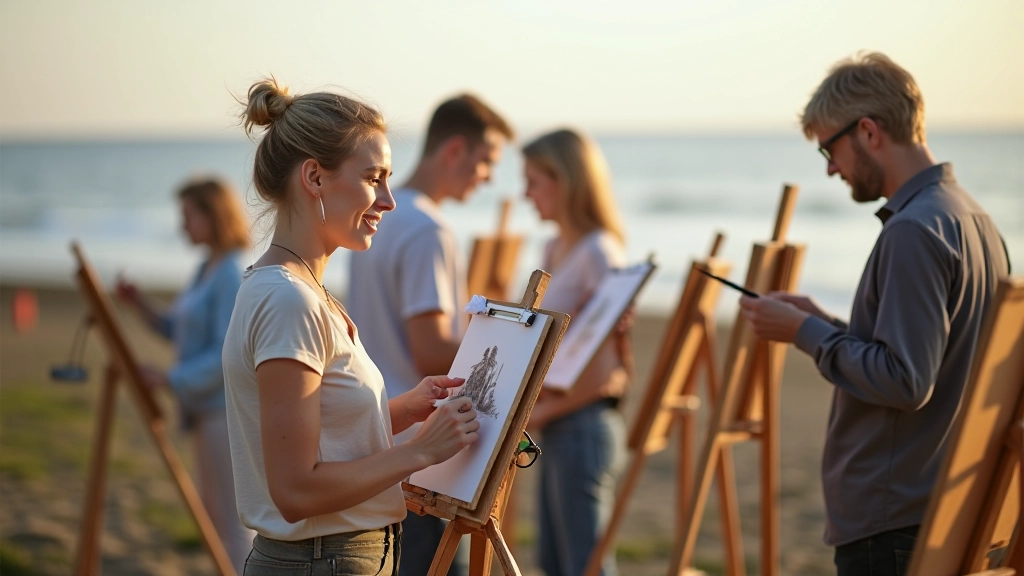 Multiple artists working at easels outdoors in a group setting with natural lighting and open sky