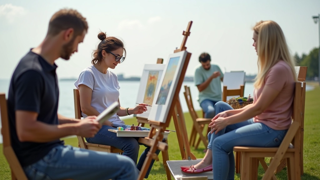 Group of artists painting together outdoors in natural landscape setting