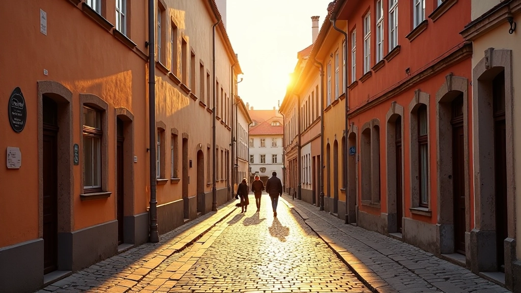 Historic Rīga Old Town narrow street with medieval buildings and cobblestones, golden hour lighting, architectural details