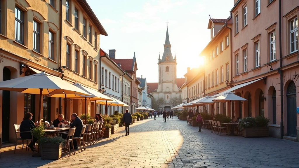 Livu Square in Rīga Old Town with St. Peter's Church spire, outdoor seating area, historic buildings