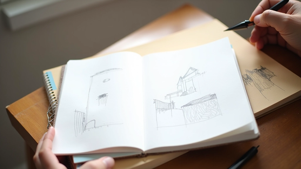 Open sketchbook showing pencil drawing techniques and shading studies