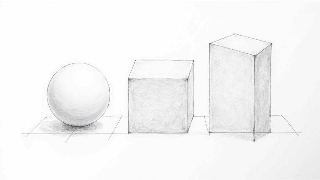 Sphere and cube drawings demonstrating basic geometric shapes and fundamental proportional relationships in sketching