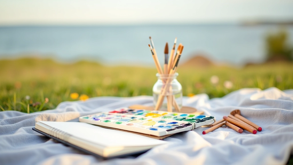 Plein air art supplies laid out on a blanket outdoors including watercolor palette, brushes, water container, and sketchbook