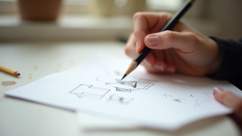 Artist's hand holding pencil over sketchpad with basic geometric shapes and shading exercises