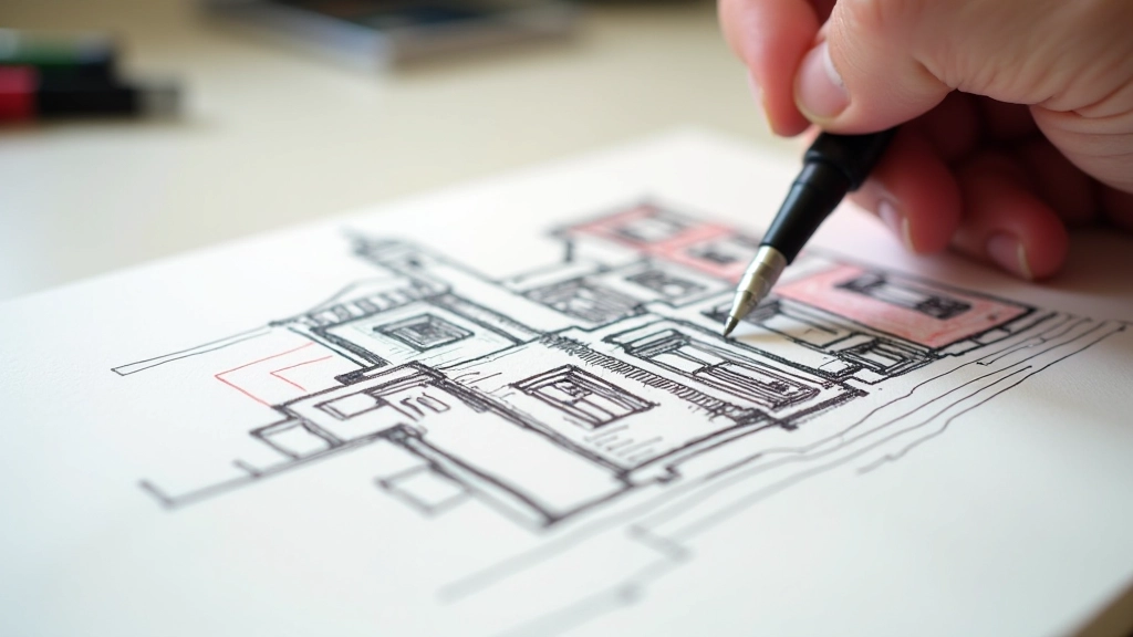 Close-up of urban sketch in notebook with pen and colored markers, architectural line drawings visible