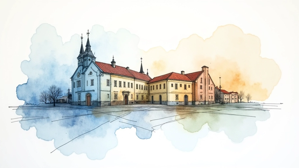 Before and after sketch: initial pen drawing with watercolor washes added, architectural details visible