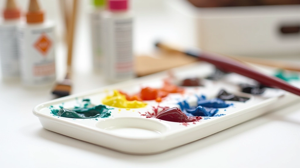 Watercolor paint set with professional brushes and mixing palette arranged on a white surface