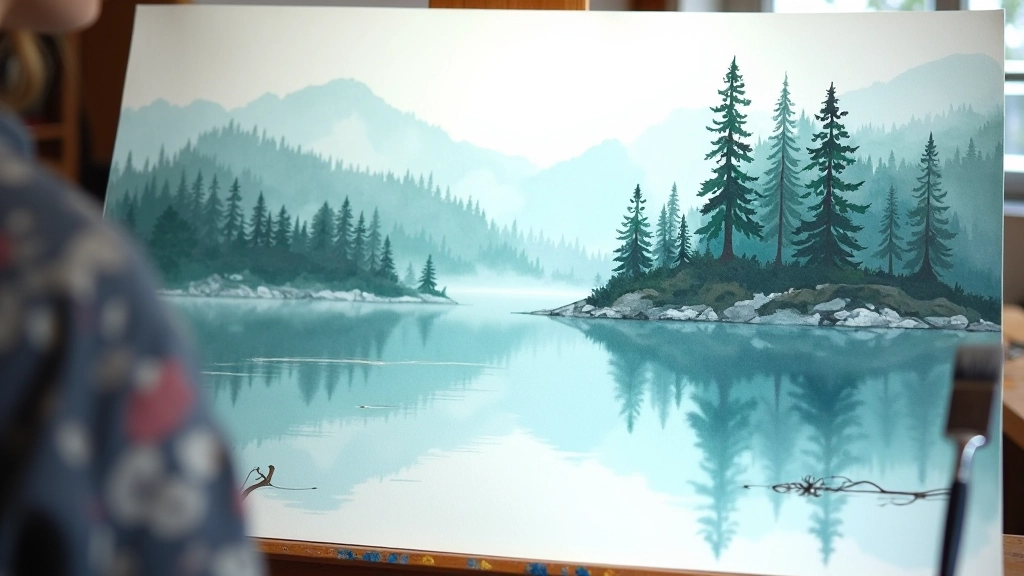 Watercolor landscape painting of Latvian forest and lake