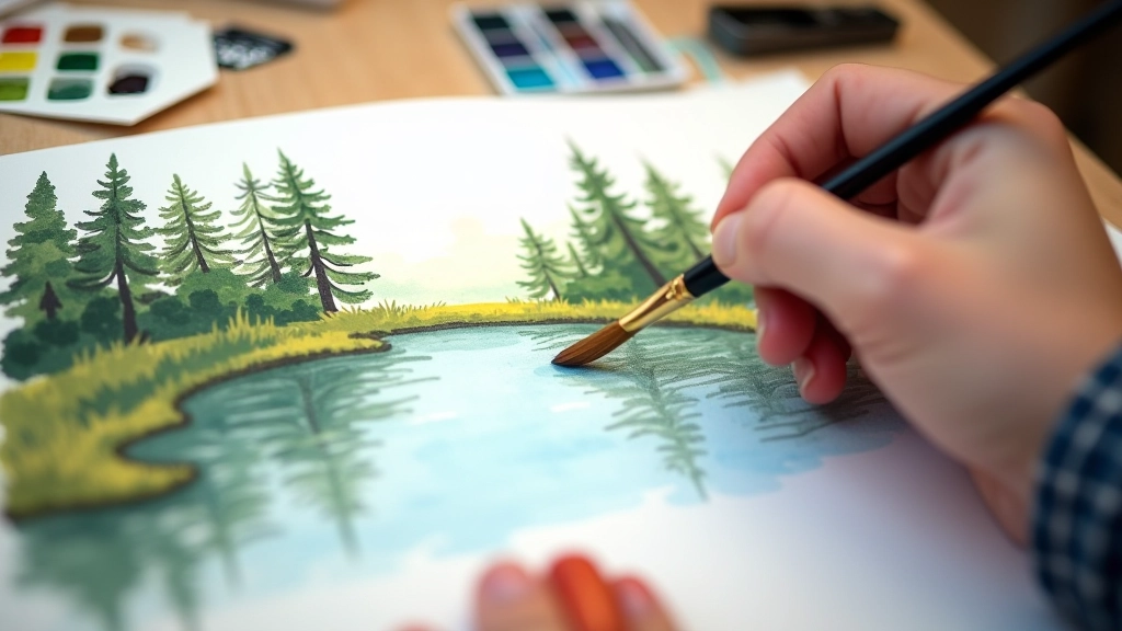 Watercolor painting of Latvian forest landscape with artist's brush and palette visible
