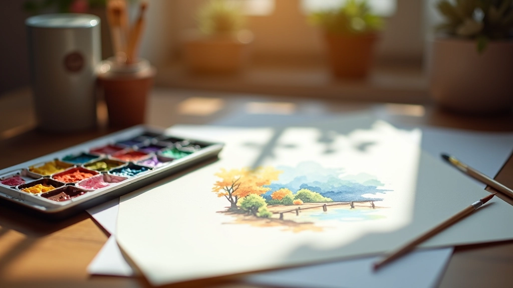 Watercolor palette with vibrant pigments and brushes next to a landscape painting in progress